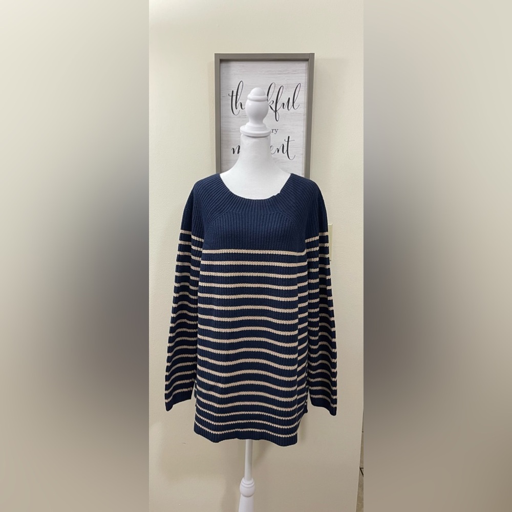 Lands’End Women’s Knit Stripes Sweater Pullover Blue/ Nude Size OX/14W